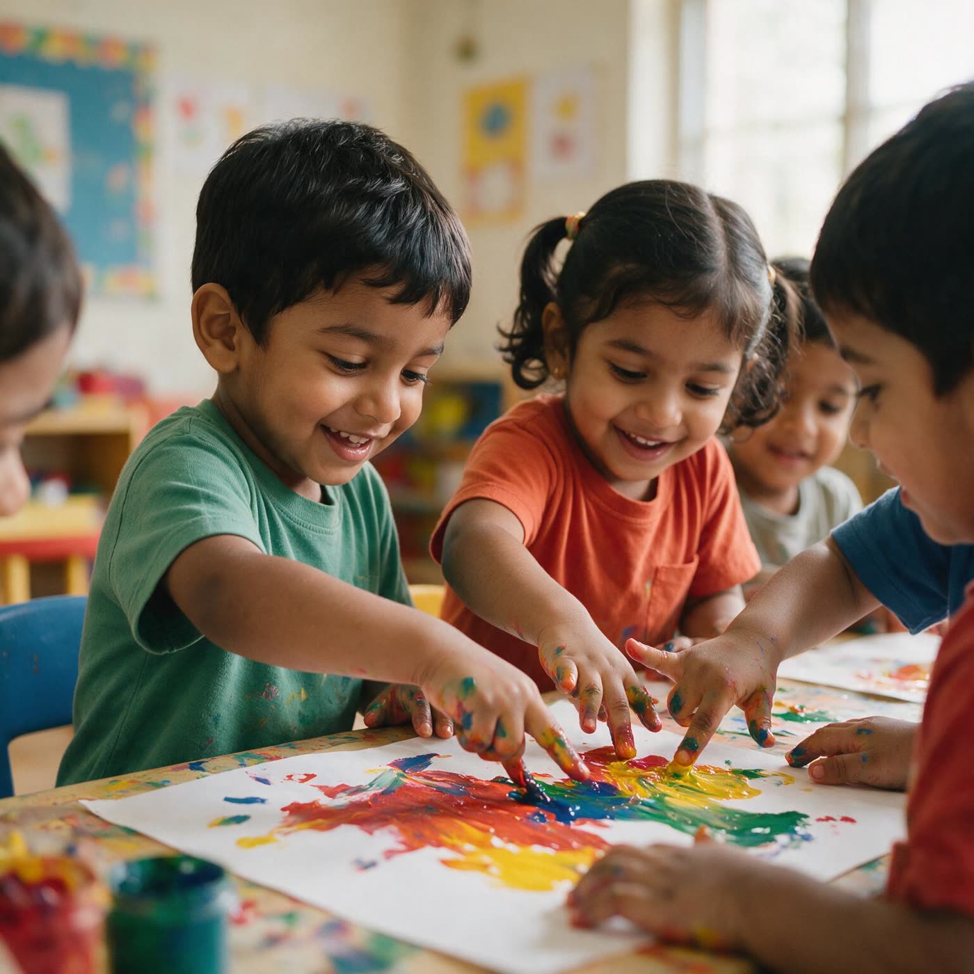 Children finger painting at Little Blossoms