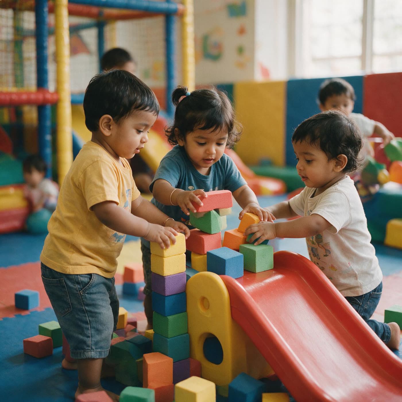Little ones playing with soft blocks